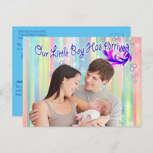 男の赤ちゃんバブルとユニコーンが到着 ポストカード (正面/裏面)