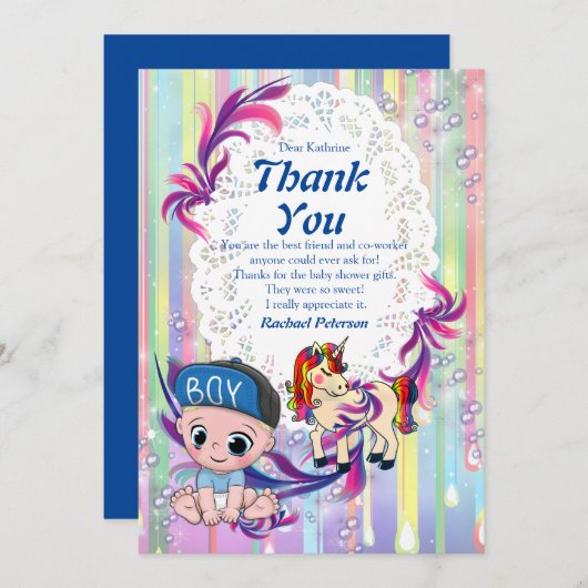 男の赤ちゃんバブルとユニコーンサンキューカード サンキューカード (正面/裏面)