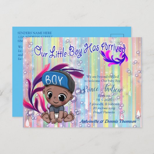 男の赤ちゃんバブルとユニコーン ポストカード (正面/裏面)