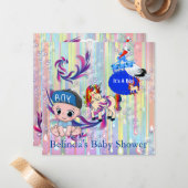 男の赤ちゃんバブル&ユニコーンバタフライ招待状 ノートカード (正面/裏面インサイチュ)