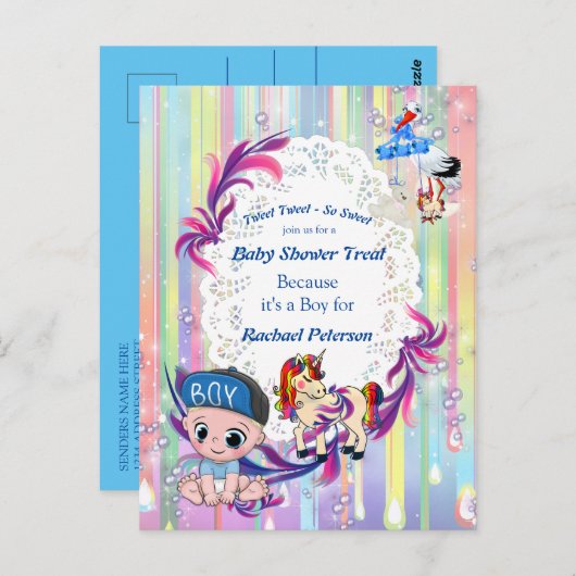 男の赤ちゃんバブル&ユニコーン赤ちゃんシャワー ポストカード (正面/裏面)