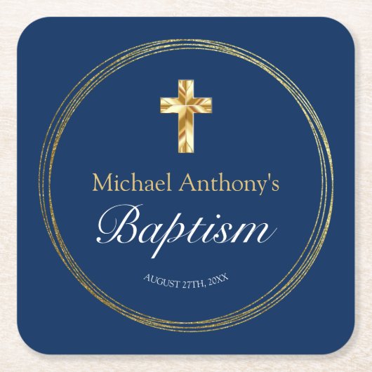 男の赤ちゃんバプティスネイビーブルー金ゴールドクロス スクエアペーパーコースター (正面)