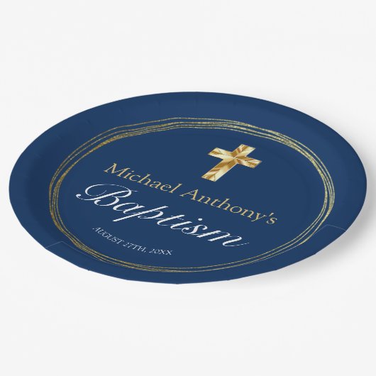 男の赤ちゃんバプティスネイビーブルー金ゴールドクロス ペーパープレート (アングル)