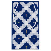 男の赤ちゃんバプテスダークブルー金ゴールドクロスホワイト スモールペーパーバッグ (裏面)