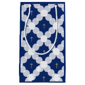 男の赤ちゃんバプテスダークブルー金ゴールドクロスホワイト スモールペーパーバッグ (正面)