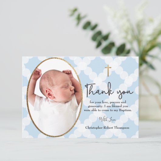 男の赤ちゃんバプテスマ写真パターンブルーホワイト サンキューカード (スタンド正面)