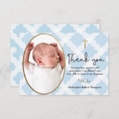 男の赤ちゃんバプテスマ写真パターンブルーホワイト サンキューカード (正面/裏面)