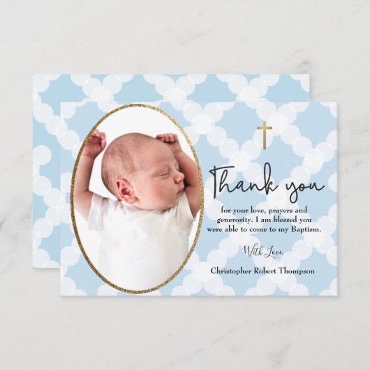 男の赤ちゃんバプテスマ写真パターンブルーホワイト サンキューカード (正面/裏面)