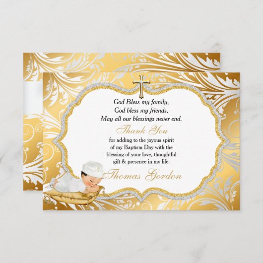 男の赤ちゃんバプテスマ金ゴールドクロスサンキュー サンキューカード (正面/裏面)