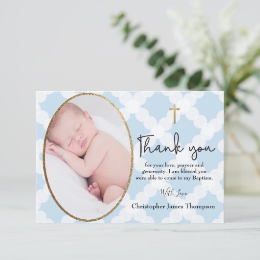 男の赤ちゃんバプテスマ《キリスト教》洗礼式や命名式ブルーホワイト感謝していユーズ サンキューカード (スタンド正面)