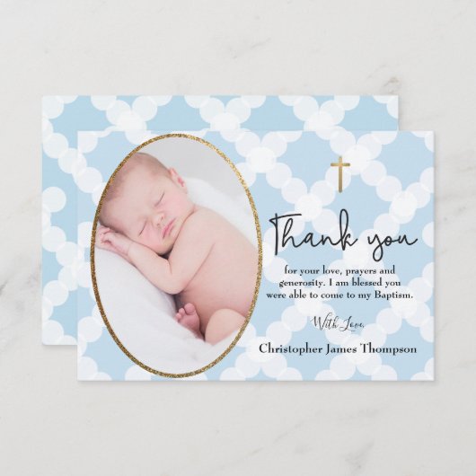男の赤ちゃんバプテスマ《キリスト教》洗礼式や命名式ブルーホワイト感謝していユーズ サンキューカード (正面/裏面)