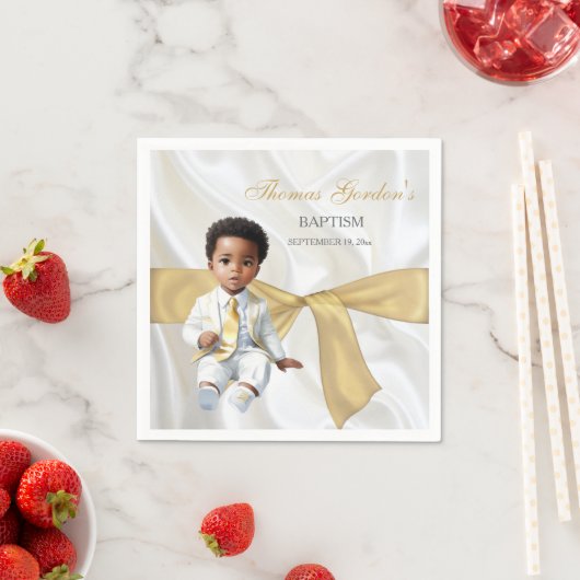 男の赤ちゃんバプテスマ《キリスト教》洗礼式や命名式ホワイト&金ゴールド スタンダードカクテルナプキン (インサイチュ)