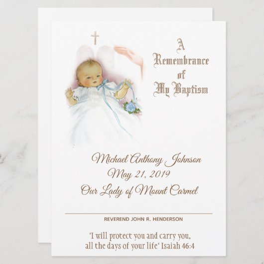 男の赤ちゃんバプテスマ《キリスト教》洗礼式や命名式証明書 シーズンカード (正面/裏面)