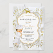 男の赤ちゃんバプテスマ《キリスト教》洗礼式や命名式金ゴールドクロスグリッター 招待状 (正面)