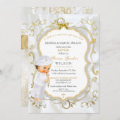 男の赤ちゃんバプテスマ《キリスト教》洗礼式や命名式金ゴールドクロスグリッター 招待状 (正面/裏面)