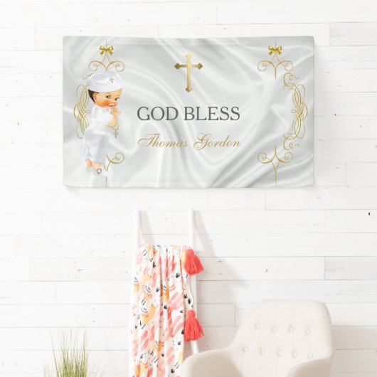 男の赤ちゃんバプテスマ《キリスト教》洗礼式や命名式金ゴールドクロスバナー 横断幕 (インサイチュ)