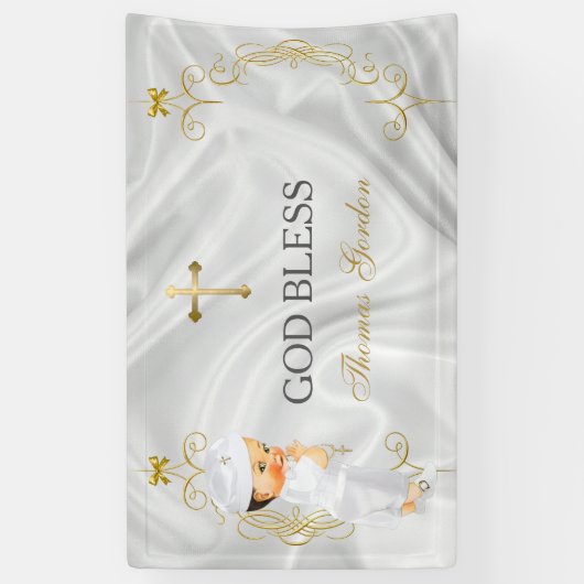 男の赤ちゃんバプテスマ《キリスト教》洗礼式や命名式金ゴールドクロスバナー 横断幕 (縦)