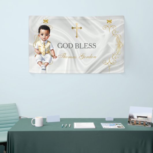 男の赤ちゃんバプテスマ《キリスト教》洗礼式や命名式金ゴールドクロスバナー 横断幕 (トレードショー)