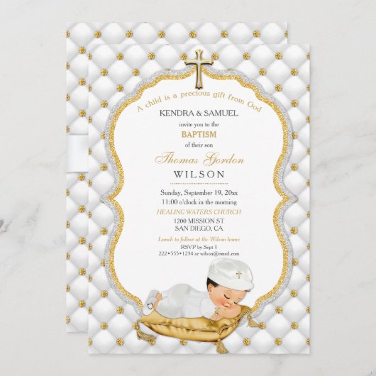 男の赤ちゃんバプテスマ《キリスト教》洗礼式や命名式金ゴールドクロス 招待状 (正面/裏面)