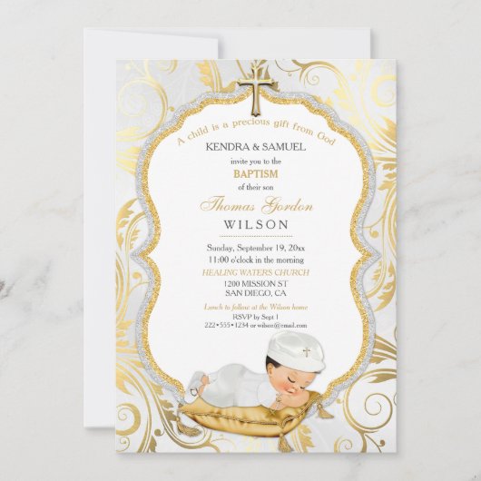 男の赤ちゃんバプテスマ《キリスト教》洗礼式や命名式金ゴールドクロス 招待状 (正面)