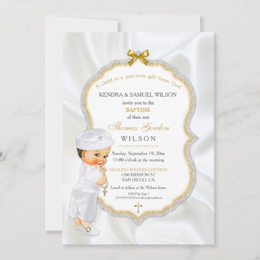 男の赤ちゃんバプテスマ《キリスト教》洗礼式や命名式金ゴールドクロス 招待状 (正面)