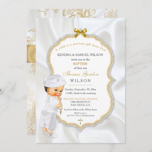 男の赤ちゃんバプテスマ《キリスト教》洗礼式や命名式金ゴールドクロス 招待状 (正面/裏面)