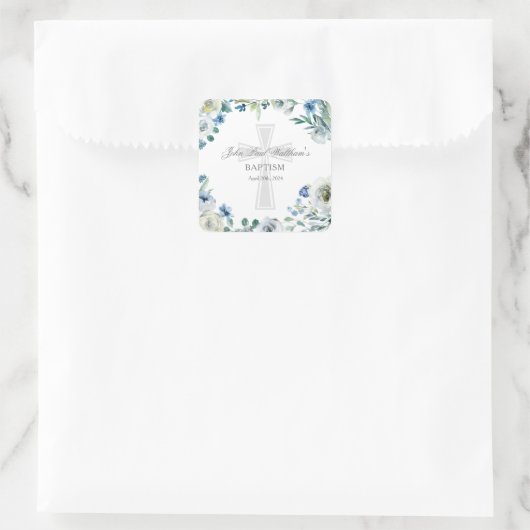 男の赤ちゃんバプテスムキュートブルーフローラ宗教十字架 スクエアシール (バッグ)