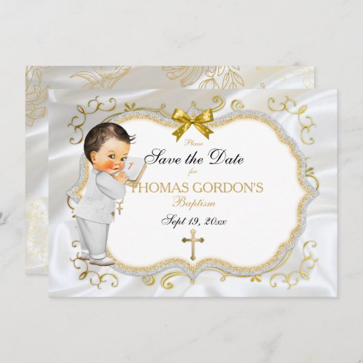男の赤ちゃんバプテ救ィスト日付ホワイト金ゴールドクロス セーブザデート (正面/裏面)