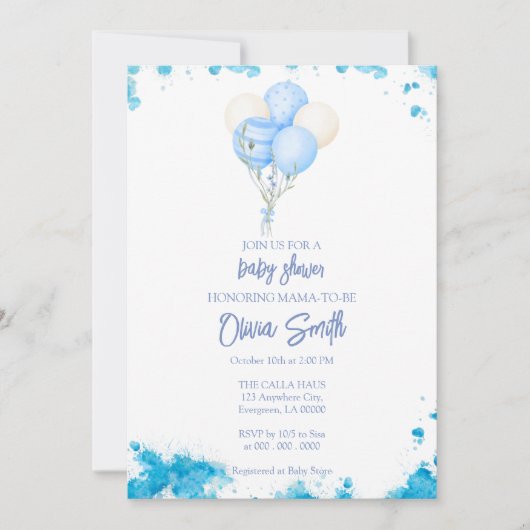 男の赤ちゃんバルーンベビーシャワー 招待状 (正面)