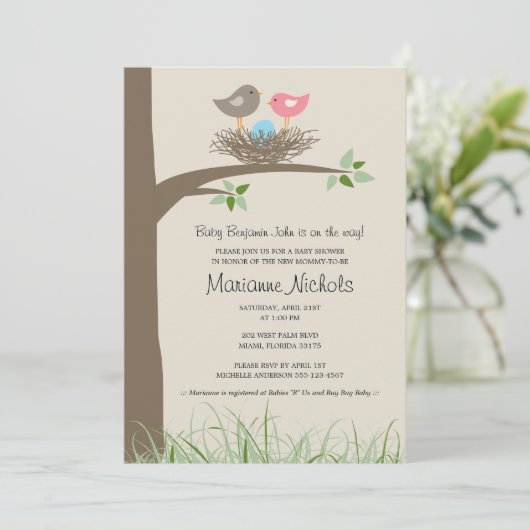男の赤ちゃんバードズネストベビーシャワー 招待状 (スタンド正面)