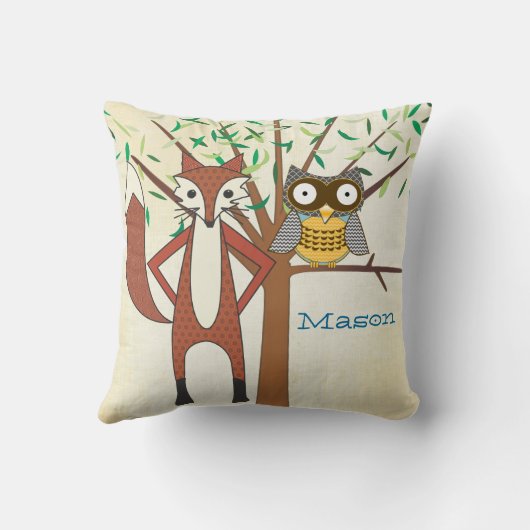 男の赤ちゃんパーソナライズされたズルームかわいいキツネとフクロウ クッション (裏面)