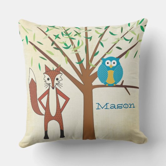 男の赤ちゃんパーソナライズされたズルームかわいいキツネとフクロウ クッション (裏面)