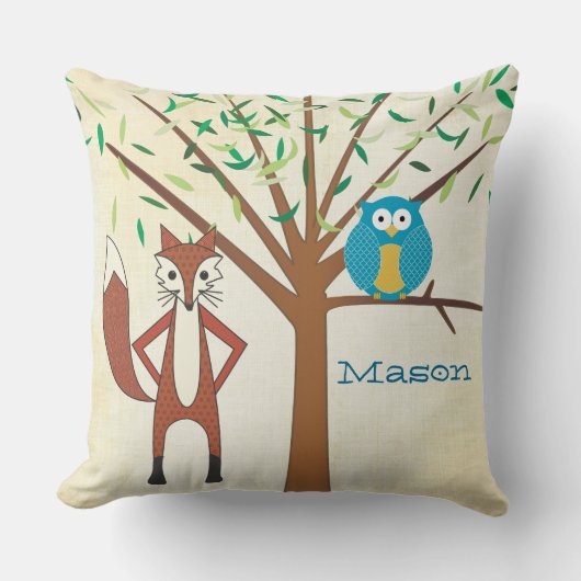 男の赤ちゃんパーソナライズされたズルームかわいいキツネとフクロウ クッション (正面)