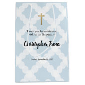 男の赤ちゃんパーソナライズされたバプテスブルー金ゴールドクロス ミディアムペーパーバッグ (正面)