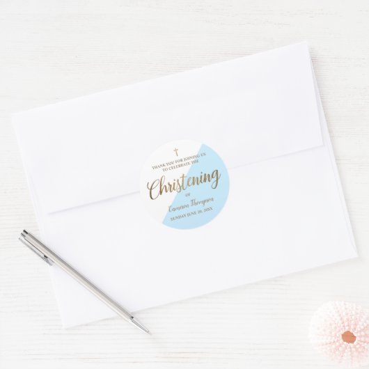 男の赤ちゃんパーソナライズされたブルー《キリスト教》洗礼式や命名式感謝していユー ラウンドシール (封筒)