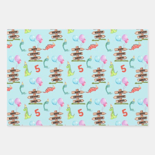 男の赤ちゃんパーソナライズされた恐竜の名前と年齢の誕生日 ラッピングペーパーシート (正面2)