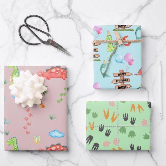 男の赤ちゃんパーソナライズされた恐竜の名前と年齢の誕生日 ラッピングペーパーシート (正面)