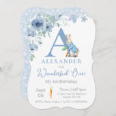 男の赤ちゃんピーター・ラビット1st誕生日ブルーモノグラム 招待状 (正面/裏面)