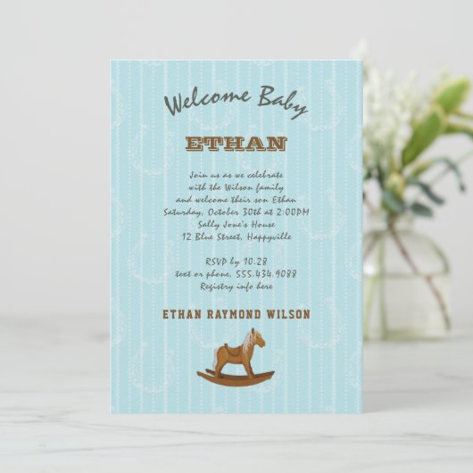 男の赤ちゃんファミリーシャワー揺動馬招待状 招待状 (スタンド正面)