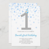 男の赤ちゃんファースト誕生日ブルー紙吹雪ボーイパーティー 招待状 (正面/裏面)