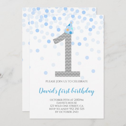 男の赤ちゃんファースト誕生日ブルー紙吹雪ボーイパーティー 招待状 (正面/裏面)