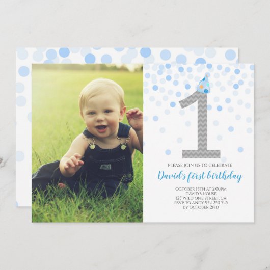 男の赤ちゃんファースト誕生日ブルー紙吹雪写真 招待状 (正面/裏面)