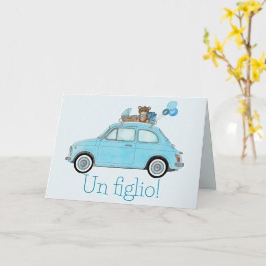 男の赤ちゃんフィアット500イタリアンおめでとう カード (黄色い花)