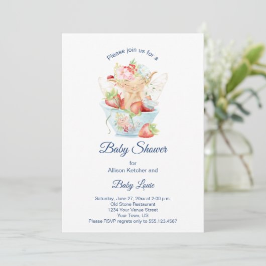 男の赤ちゃんフェアリーインブルーティーカップベビーシャワー 招待状 (スタンド正面)