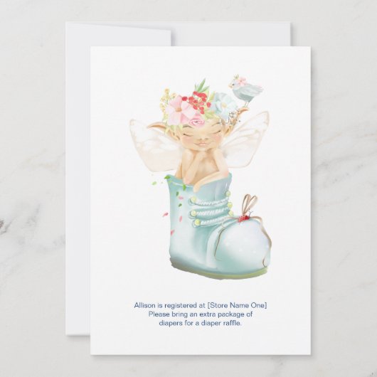 男の赤ちゃんフェアリーインブルーティーカップベビーシャワー 招待状 (裏面)