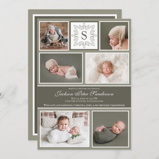 男の赤ちゃんフォトコラージオリーブ緑モノグラム誕生 案内状 (正面/裏面)