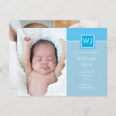 男の赤ちゃんフォトブルーシエレガントックモノグラム誕生 案内ポストカード (正面/裏面)