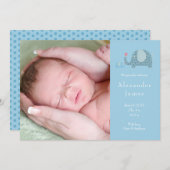 男の赤ちゃんフォトブルー水玉模様ゾウ誕生 案内状 (正面/裏面)