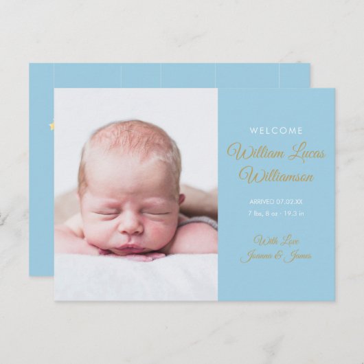 男の赤ちゃんフォトモダン金ゴールドスクリプト誕生 案内ポストカード (正面/裏面)