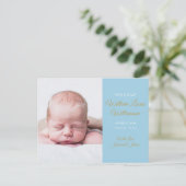 男の赤ちゃんフォトモダン金ゴールドスクリプト誕生 案内ポストカード (スタンド正面)
